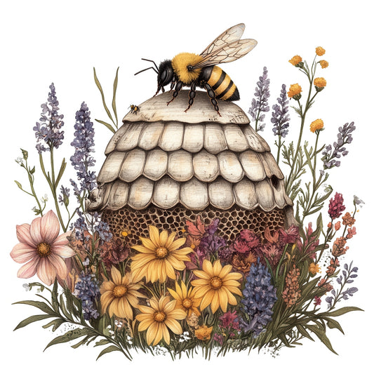 Rustic Beehive with Flowers Fabric Panel 31 featuring a detailed bee on textured hive surrounded by colorful wildflowers.