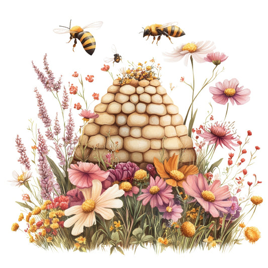 Rustic Beehive with Flowers Fabric Panel 32 featuring a honeycomb beehive surrounded by colorful wildflowers and flying bees.
