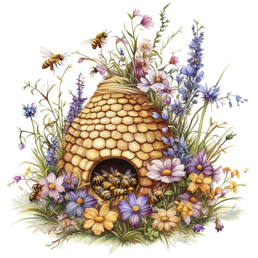 Rustic Beehive with Flowers Fabric Panel 33 featuring detailed bees, colorful blossoms, and a charming woven beehive design.