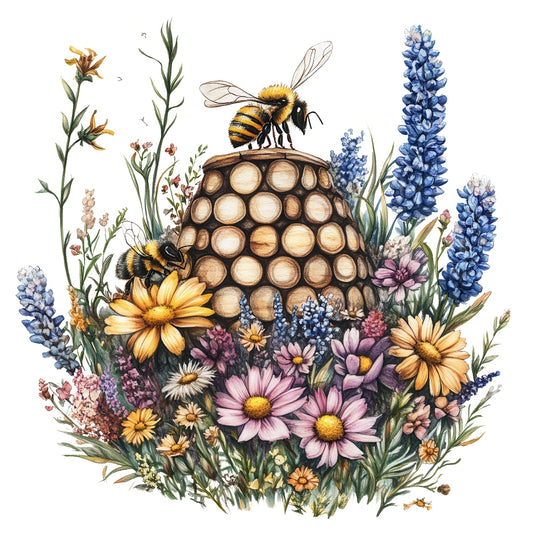 Rustic Beehive with Flowers Fabric Panel 34 featuring detailed bees and colorful wildflowers on premium quilting cotton fabric.