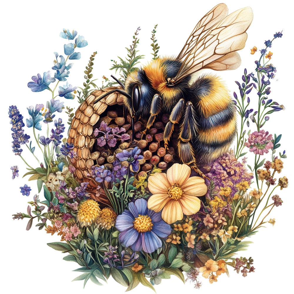 Rustic Beehive with Flowers Fabric Panel 37 featuring a detailed bumblebee on a rustic hive surrounded by colorful flowers and greenery.