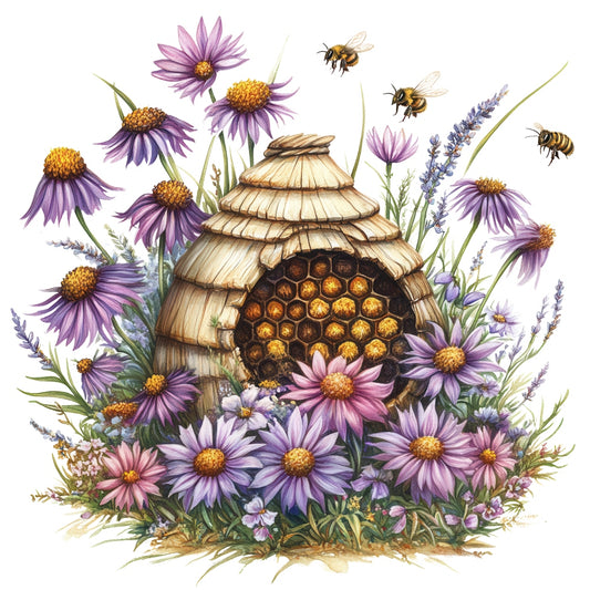 Rustic Beehive with Flowers Fabric Panel 4 featuring a detailed beehive surrounded by purple flowers and bees on premium quilting cotton.
