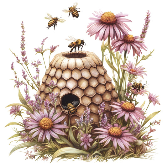 Rustic Beehive with Flowers Fabric Panel 5 featuring bees and pink flowers surrounding a detailed honeycomb beehive design.