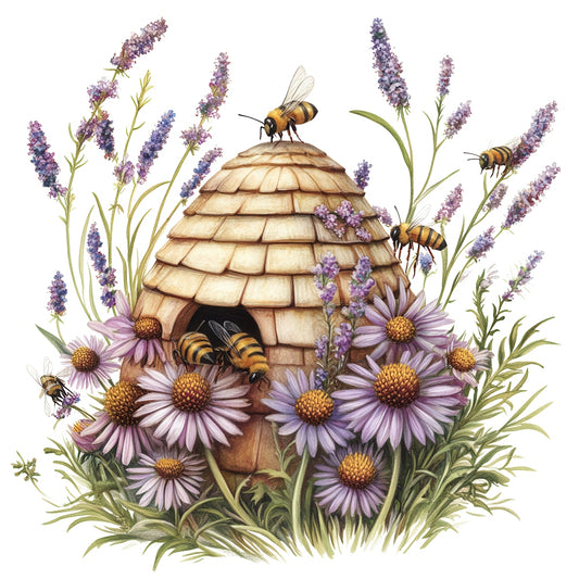 Rustic Beehive with Flowers Fabric Panel 6 featuring detailed bees, lavender, and purple daisies on premium quilting cotton.