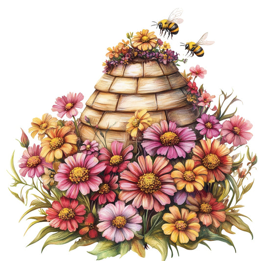 Rustic Beehive with Flowers Fabric Panel 7 featuring a wooden beehive surrounded by vibrant pink and yellow flowers and two buzzing bees.
