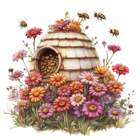 Rustic Beehive with Flowers Fabric Panel 8 featuring a detailed beehive surrounded by colorful flowers and buzzing bees on premium quilting cotton.