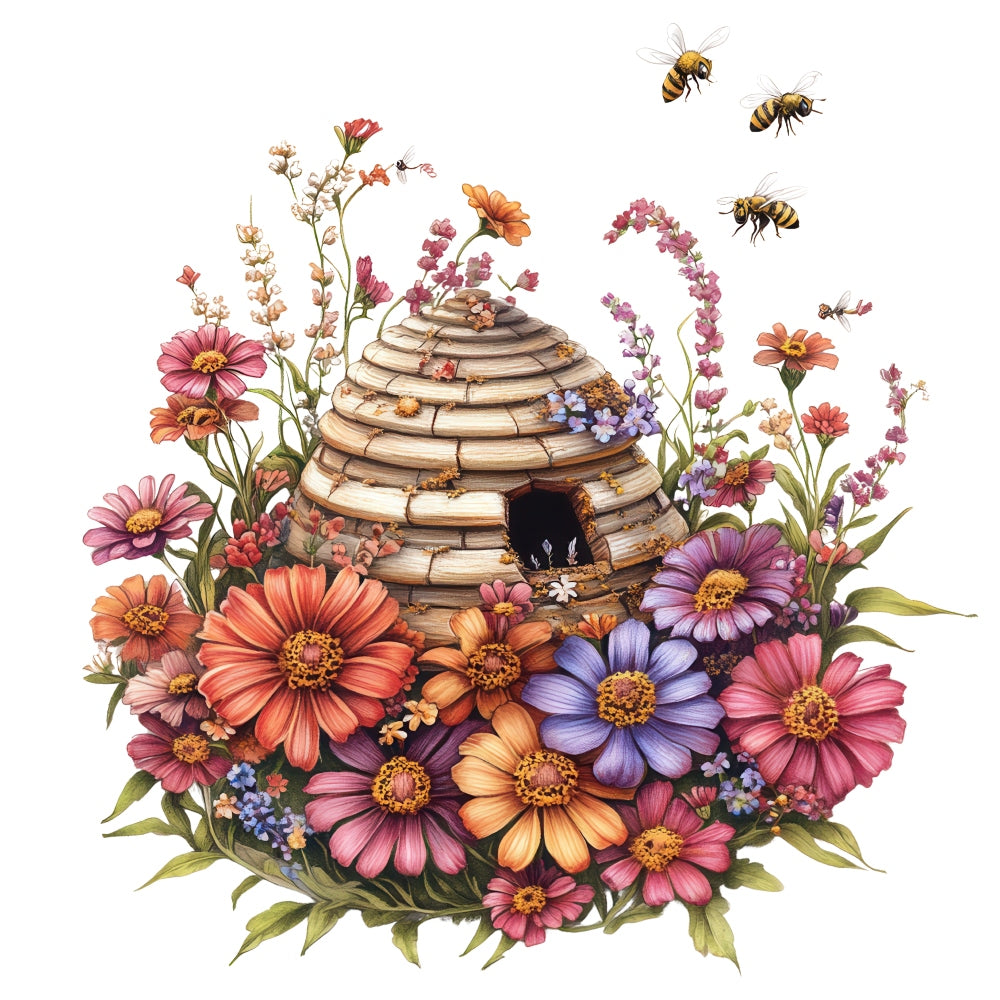 Rustic Beehive with Flowers Fabric Panel 9 featuring a detailed woven beehive surrounded by colorful blooming flowers and flying bees.