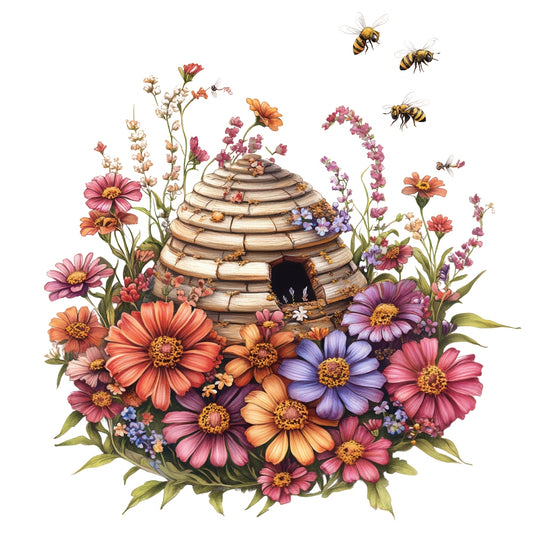 Rustic Beehive with Flowers Fabric Panel 9 featuring a detailed woven beehive surrounded by colorful blooming flowers and flying bees.