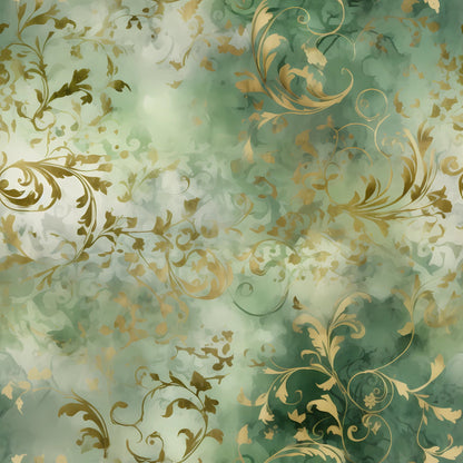 Sage Green and Gold Grunge Damask Pattern 10 Quilting Cotton Fabric