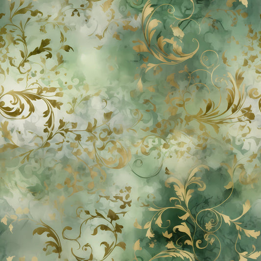 Sage Green and Gold Grunge Damask Pattern 10 Quilting Cotton Fabric