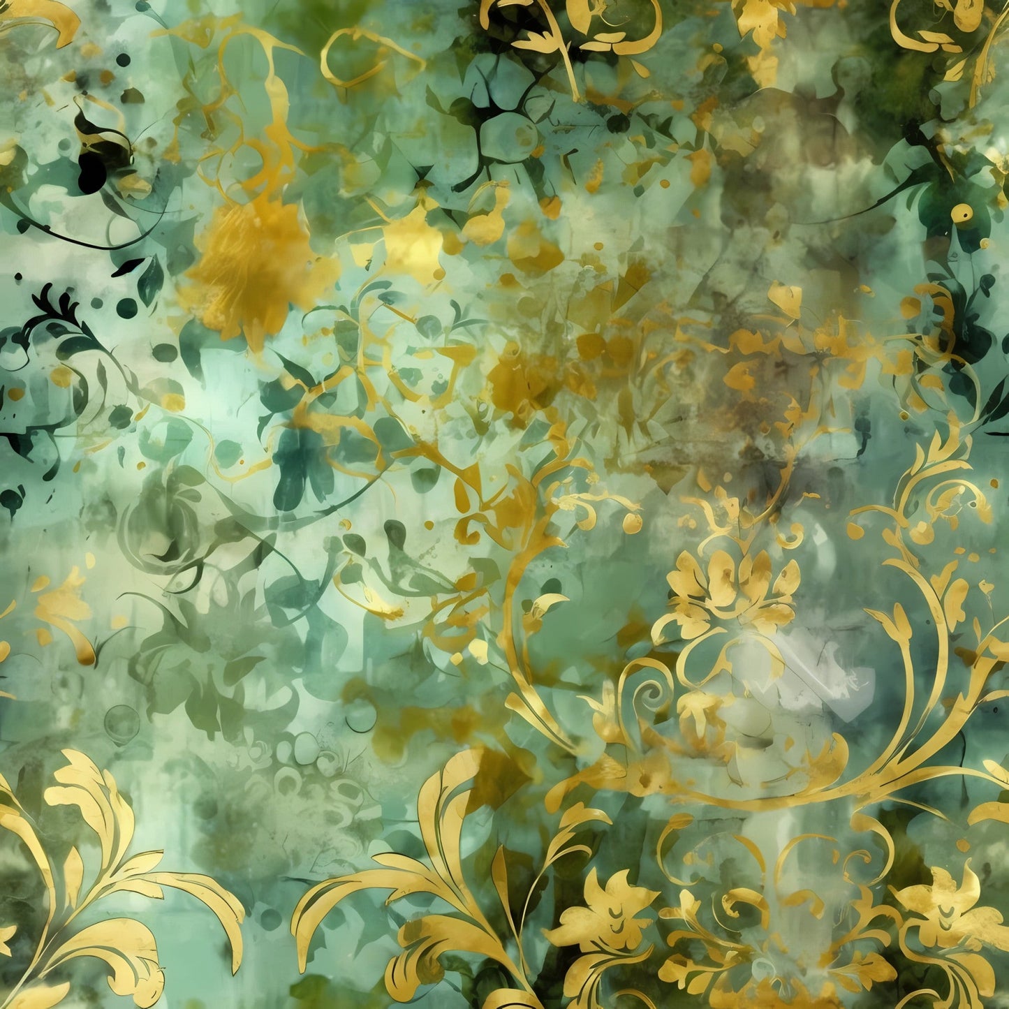 Sage Green and Gold Grunge Damask Pattern 1 Quilting Cotton Fabric