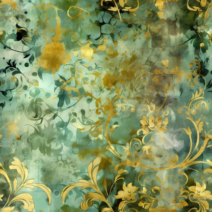 Sage Green and Gold Grunge Damask Pattern 1 Quilting Cotton Fabric