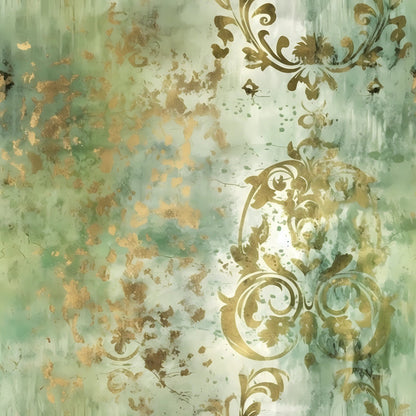 Sage Green and Gold Grunge Damask Pattern 2 Quilting Cotton Fabric