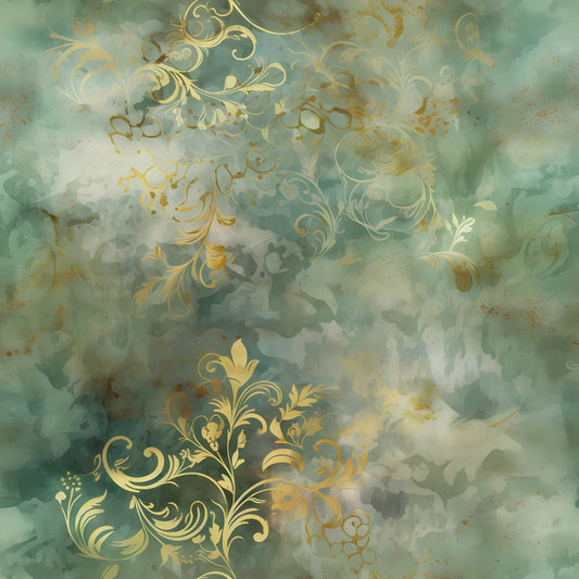 Sage Green and Gold Grunge Damask Pattern 3 Quilting Cotton Fabric