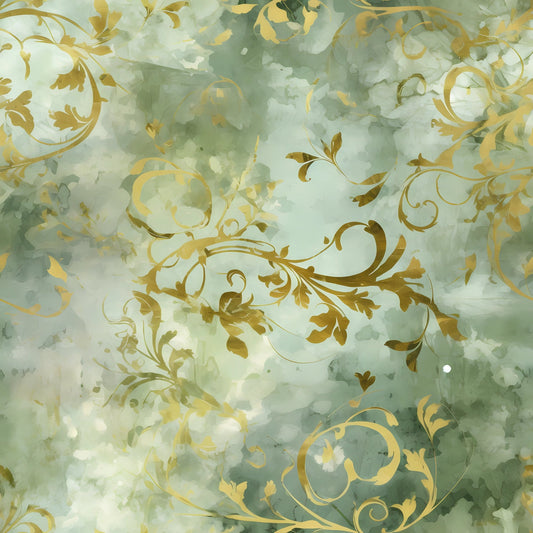 Sage Green and Gold Grunge Damask Pattern 6 Quilting Cotton Fabric