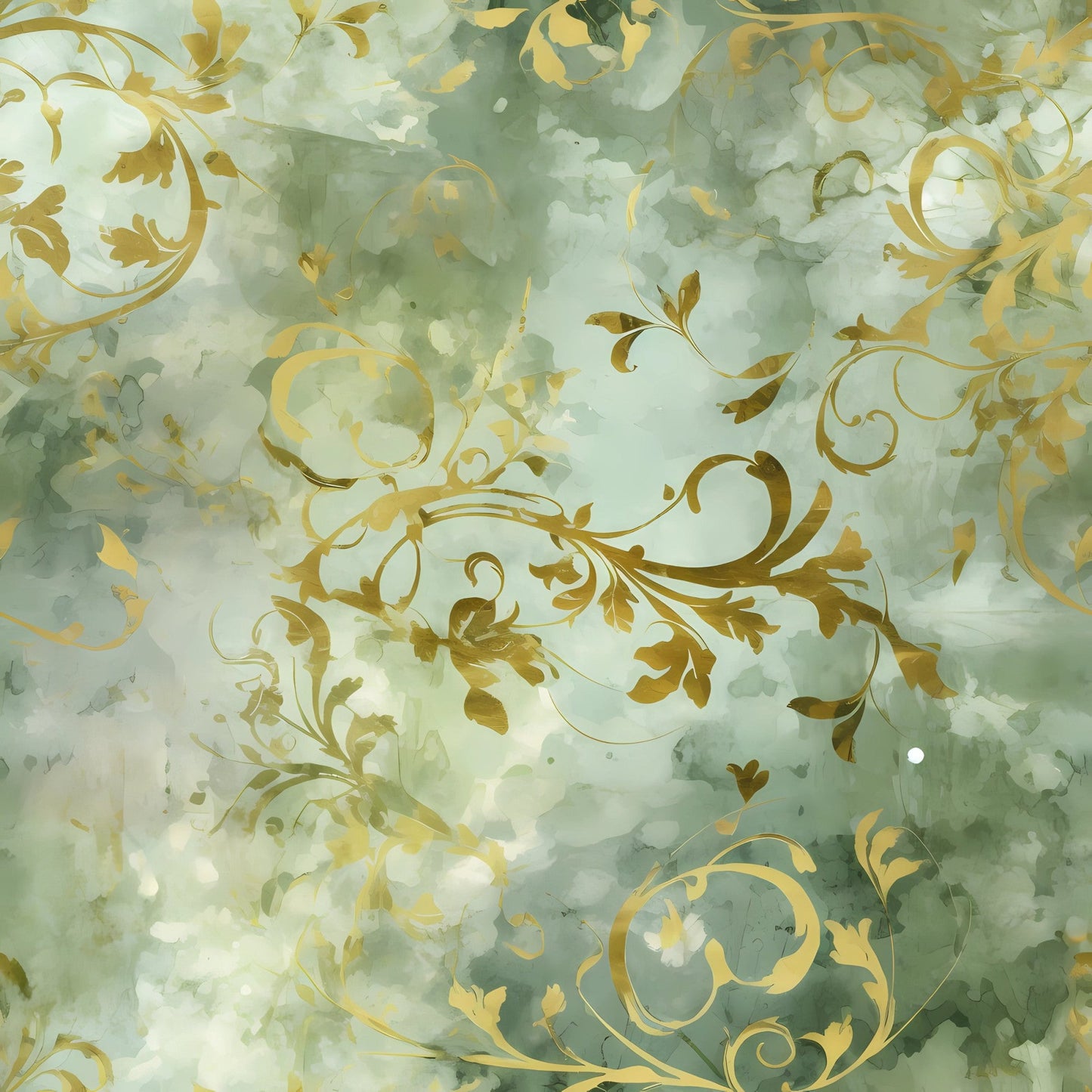 Sage Green and Gold Grunge Damask Pattern 6 Quilting Cotton Fabric