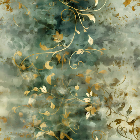 Sage Green and Gold Grunge Damask Pattern 7 Quilting Cotton Fabric