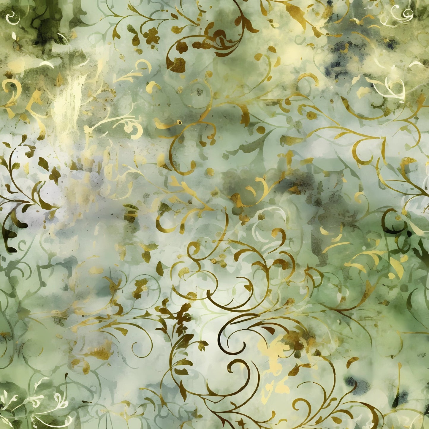 Sage Green and Gold Grunge Damask Pattern 9 Quilting Cotton Fabric