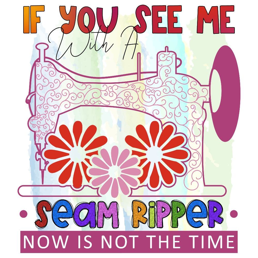 Seam Ripper Fabric Panel with colorful sewing machine and floral design, printed on premium quilting cotton in the USA.