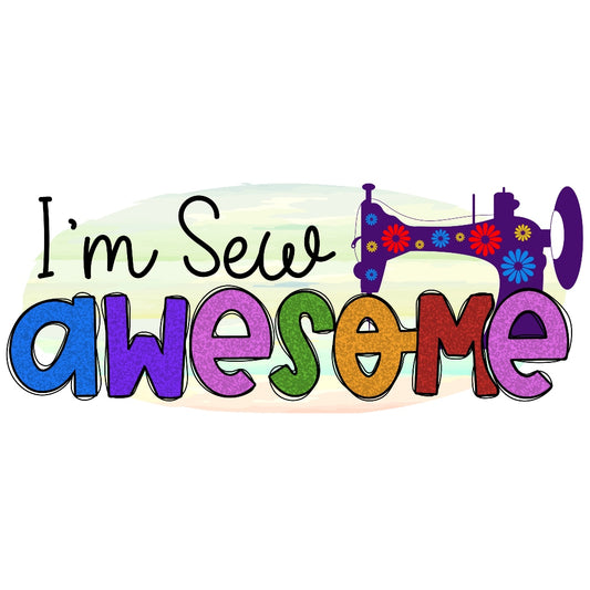 Sew Awesome Fabric Panel featuring colorful text and vintage sewing machine design on premium quilting cotton fabric.