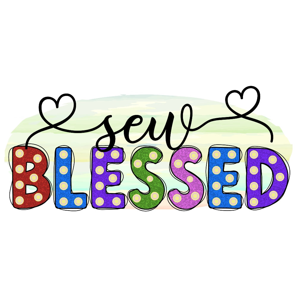 Sew Blessed Fabric Panel with colorful polka dot letters and heart stitching design printed on premium quilting cotton