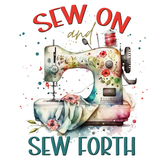 Sew On & Sew Forth Floral Fabric Panel featuring a colorful vintage sewing machine with floral designs on premium quilting cotton.