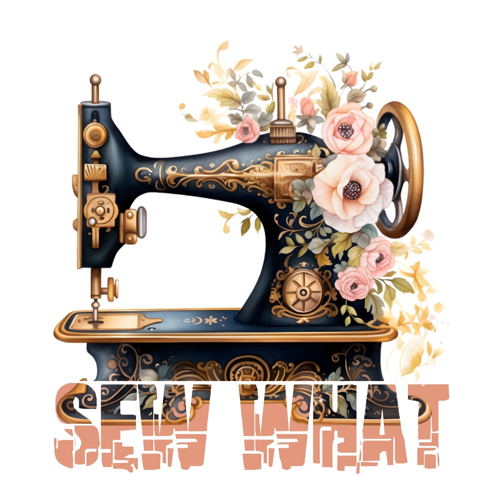Sew What Floral Fabric Panel features a vintage sewing machine adorned with delicate pink flowers on premium quilting cotton.