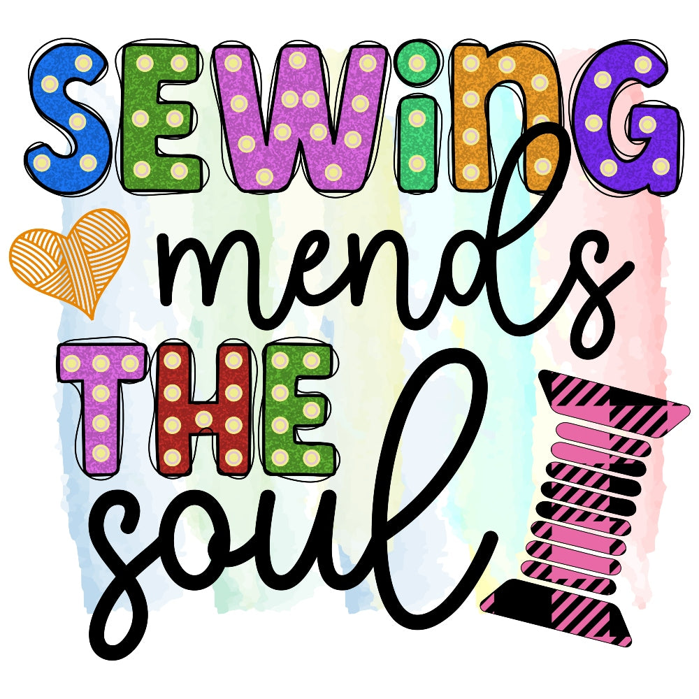 Sewing Mends Fabric Panel with colorful polka-dot letters, heart, and threaded spool on pastel watercolor background