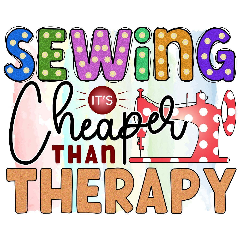 Sewing Therapy Fabric Panel featuring colorful polka dot letters and a red vintage sewing machine design.