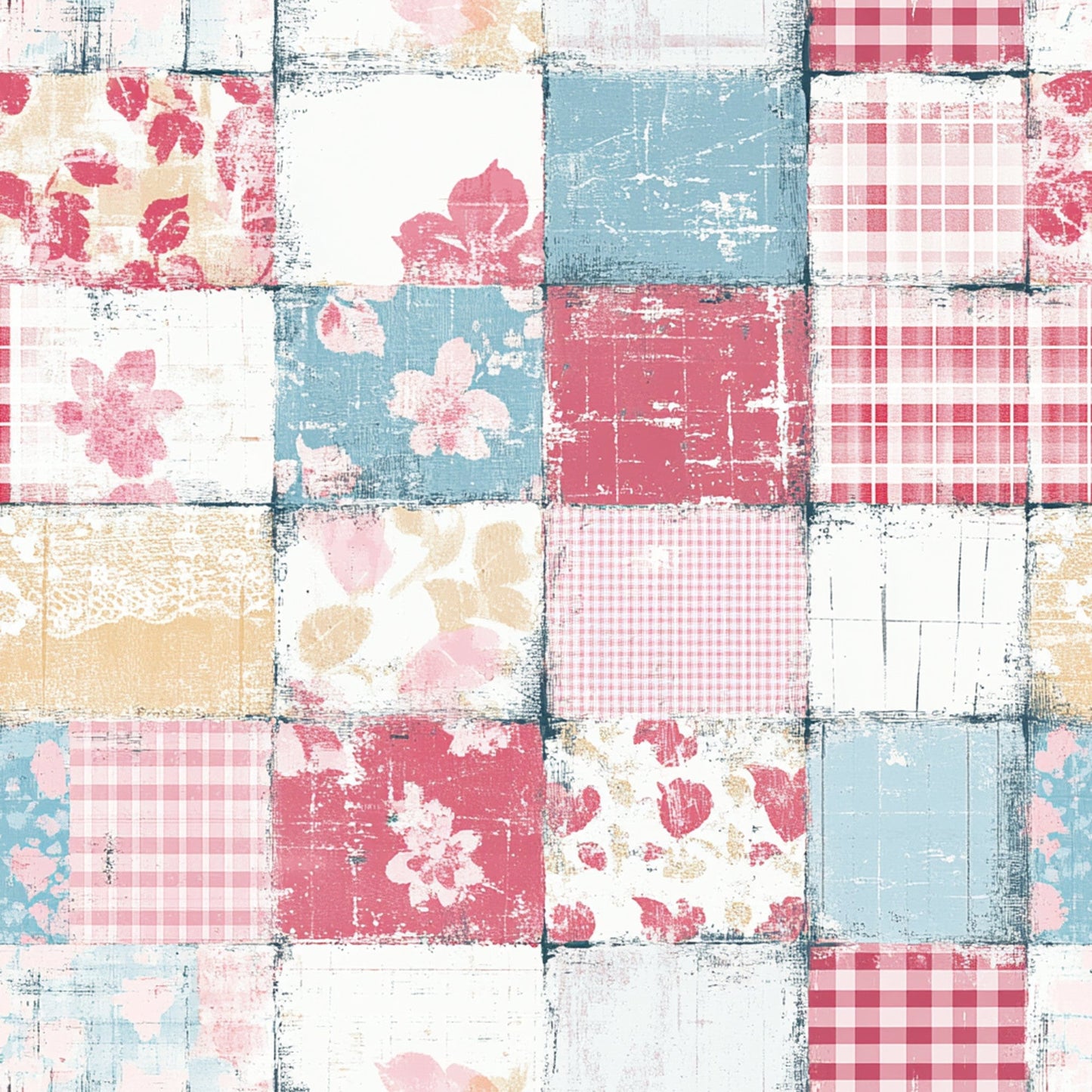 Shabby Chic Floral Gingham Pattern 16 Quilting Cotton Fabric