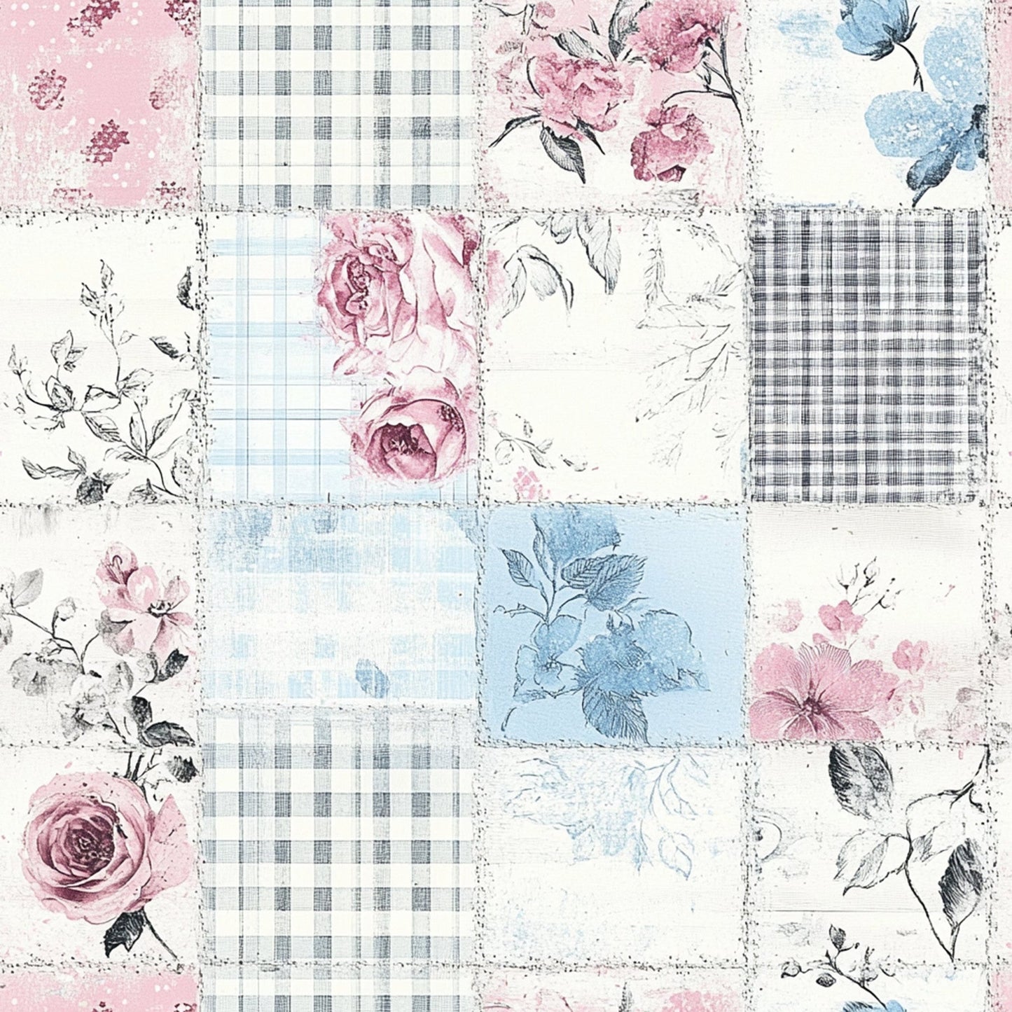 Shabby Chic Floral Gingham Pattern 5 Quilting Cotton Fabric