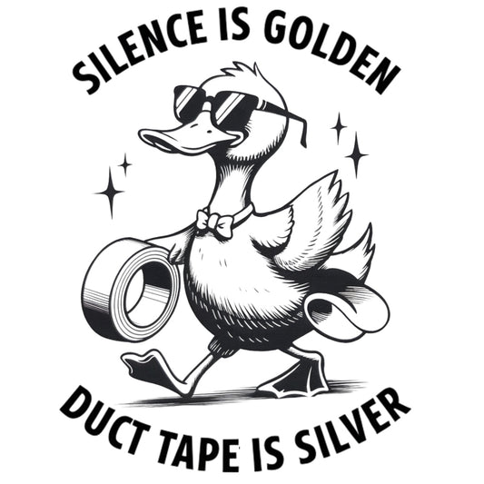 Silence Is Golden Fabric Panel featuring a cool duck with sunglasses holding duct tape in black and white design.