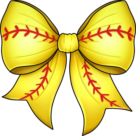 Softball Bow Fabric Panel featuring a yellow bow with red softball stitch design, made from premium quilting cotton in the USA.