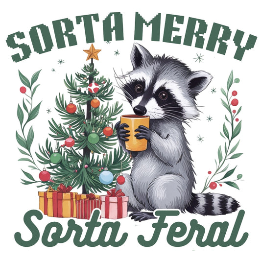 Sorta Feral Fabric Panel featuring a raccoon with holiday decorations and gifts, printed on premium quilting cotton.