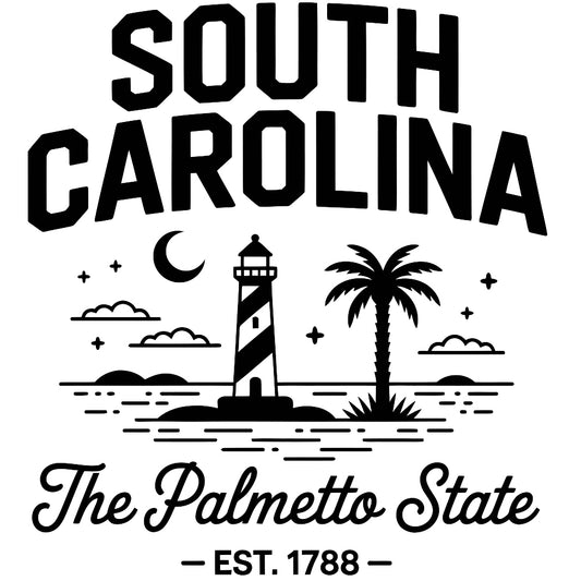 South Carolina Black and White Fabric Panel with lighthouse, palmetto tree, moon, and ocean design representing The Palmetto State.