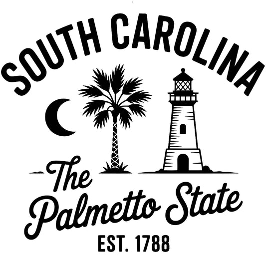 South Carolina Black and White Fabric Panel 2 featuring a crescent moon, palmetto tree, lighthouse, and "The Palmetto State" text in black.