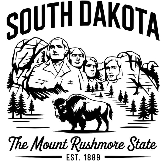 South Dakota Black and White Fabric Panel featuring Mount Rushmore and a bison in premium quilting cotton design.