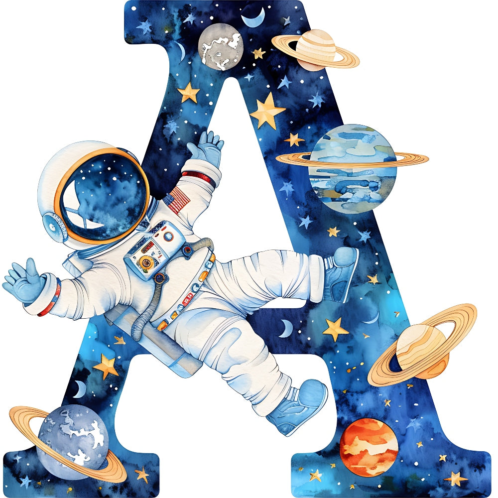 Space Alphabet Letter A Fabric Panel featuring an astronaut and planets on premium quilting cotton printed in the USA