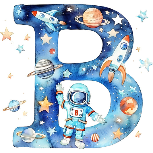 Space Alphabet Letter B Fabric Panel featuring an astronaut, rockets, planets, and stars on premium quilting cotton.