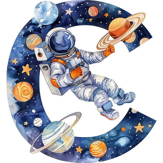 Space Alphabet Letter C Fabric Panel with astronaut floating in space surrounded by planets and stars on premium quilting cotton.