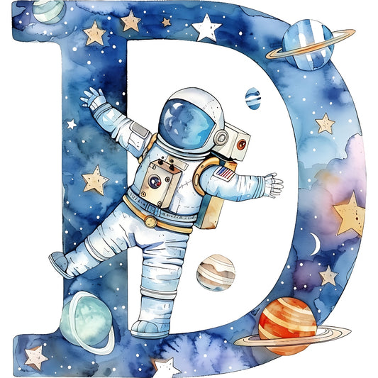 Space Alphabet Letter D Fabric Panel featuring an astronaut and planets, printed on premium quilting cotton in the USA.