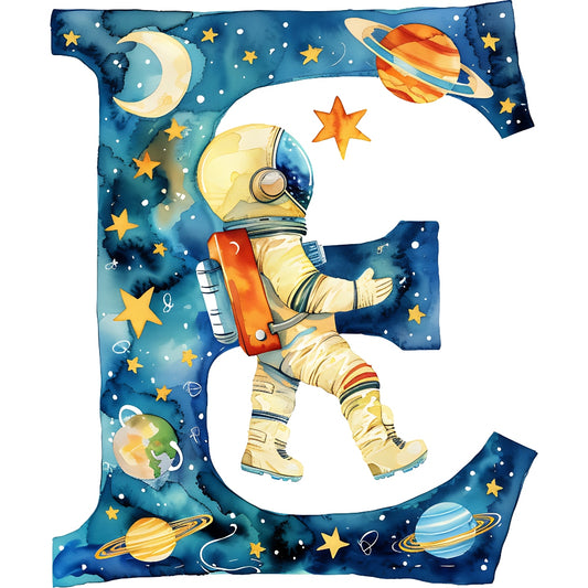 Space Alphabet Letter E Fabric Panel featuring an astronaut and planets on premium quilting cotton printed in the USA.