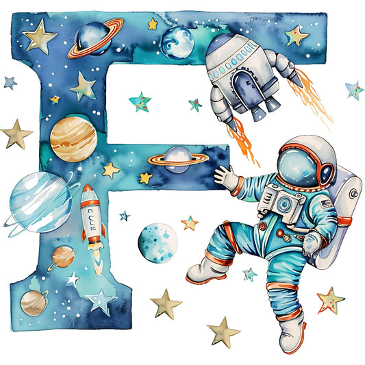 Space Alphabet Letter F Fabric Panel with planets, stars, rocket, and astronaut in colorful space-themed design on quilting cotton.