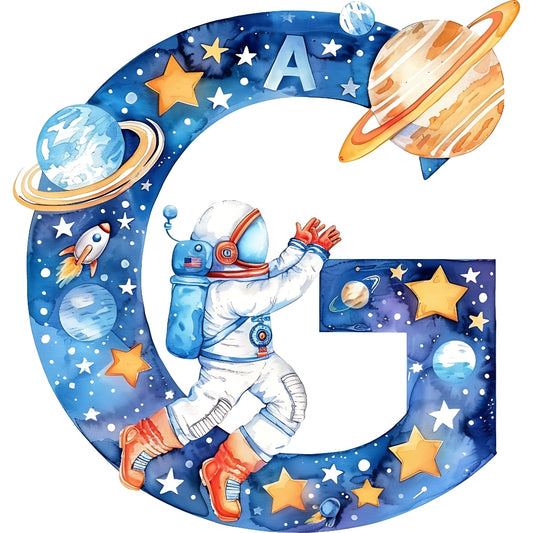 Space Alphabet Letter G Fabric Panel featuring an astronaut, planets, and stars on premium quilting cotton fabric.