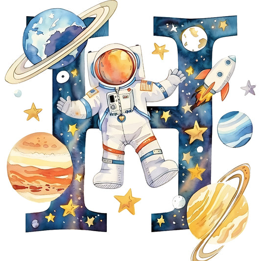 Space Alphabet Letter H Fabric Panel featuring an astronaut, planets, stars, and a rocket on premium quilting cotton fabric.