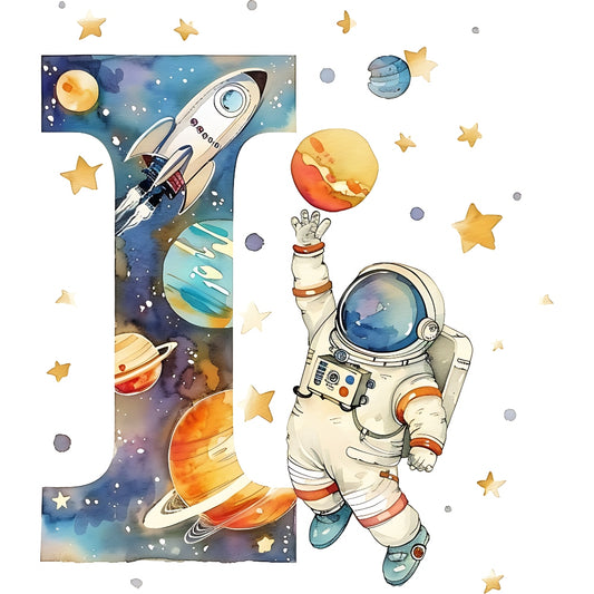 Space Alphabet Letter I Fabric Panel featuring a colorful space theme with planets, stars, a rocket, and an astronaut.