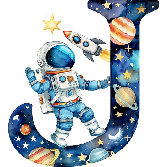 Space Alphabet Letter J Fabric Panel featuring an astronaut, rocket, and planets on a starry background in premium quilting cotton.