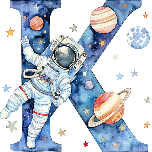 Space Alphabet Letter K Fabric Panel featuring an astronaut floating among planets and stars on premium quilting cotton