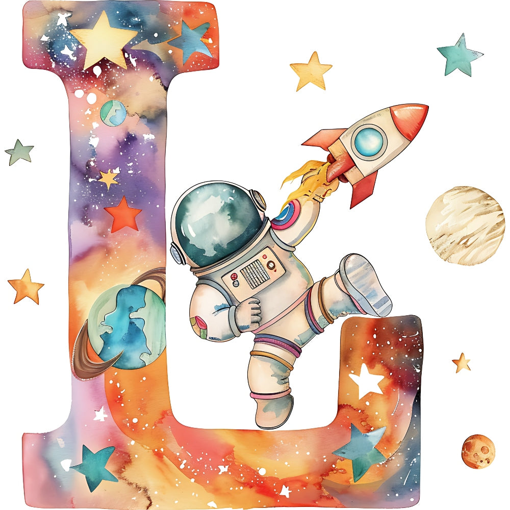 Space Alphabet Letter L Fabric Panel featuring a colorful space design with stars, planets, and an astronaut holding a rocket.