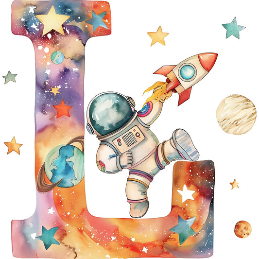 Space Alphabet Letter L Fabric Panel featuring a colorful space design with stars, planets, and an astronaut holding a rocket.
